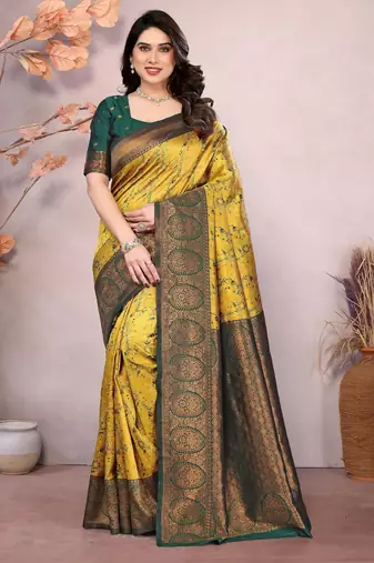 Yellow green soft silk blend banarasi jacuard work designer party wear saree with unstitched blouse piece