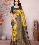 Yellow green soft silk blend banarasi jacuard work designer party wear saree with unstitched blouse piece