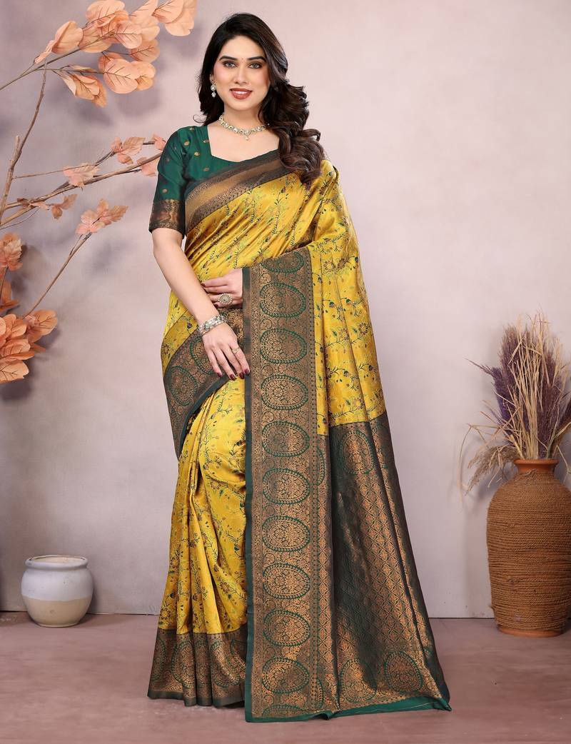 Yellow green soft silk blend banarasi jacuard work designer party wear saree with unstitched blouse piece