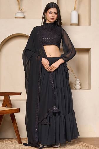 black designer georgette lehenga set with flowing sleeves