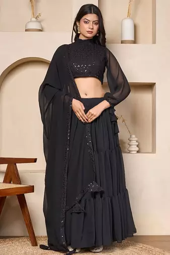 black designer georgette lehenga set with flowing sleeves