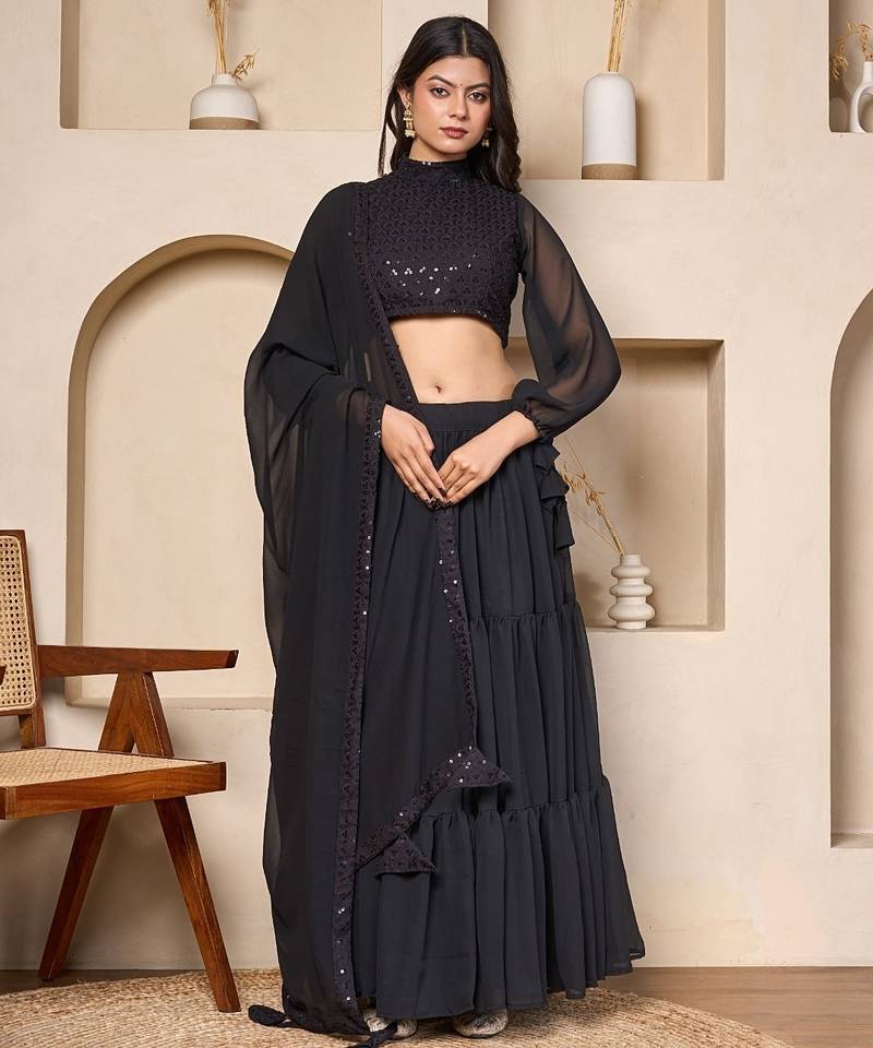 black designer georgette lehenga set with flowing sleeves