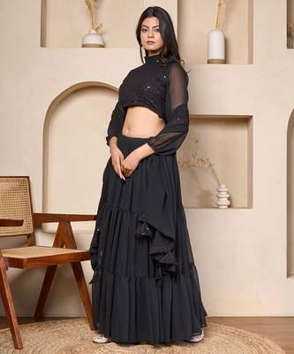 black designer georgette lehenga set with flowing sleeves 2