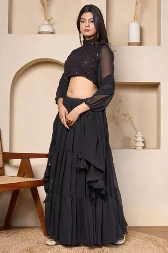 black designer georgette lehenga set with flowing sleeves