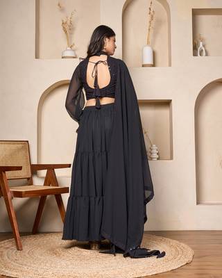 black designer georgette lehenga set with flowing sleeves 3