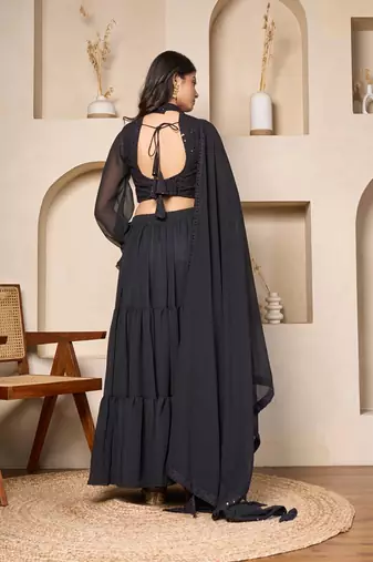 black designer georgette lehenga set with flowing sleeves