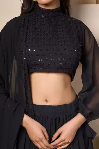 black designer georgette lehenga set with flowing sleeves