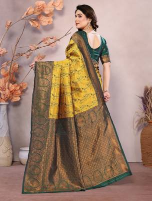 yellow green silk blend banarasi saree with unstitched blouse piece 3