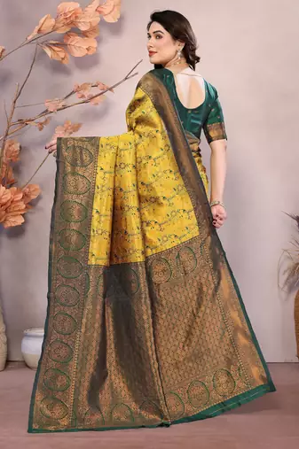 yellow green silk blend banarasi saree with unstitched blouse piece