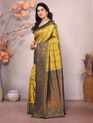 yellow green silk blend banarasi saree with unstitched blouse piece 4
