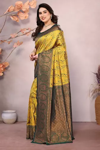 yellow green silk blend banarasi saree with unstitched blouse piece