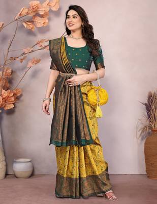 yellow green silk blend banarasi saree with unstitched blouse piece 1