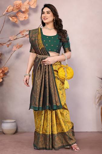 yellow green soft art silk blend banarasi jacuard work designer party wear saree with unstitched blouse piece
