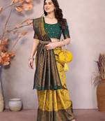 yellow green silk blend banarasi saree with unstitched blouse piece