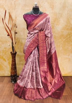 light pink wine silk blend banarasi saree with unstitched blouse piece 1
