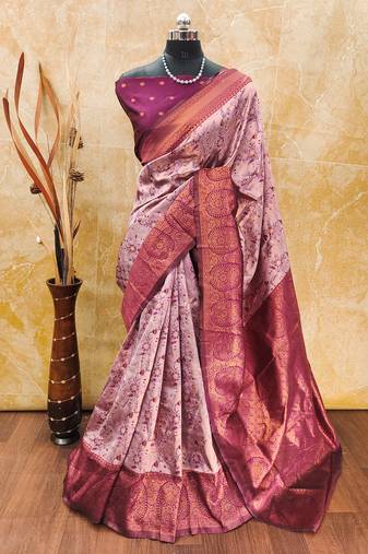 Light pink wine soft silk blend banarasi jacuard work designer party wear saree with unstitched blouse piece