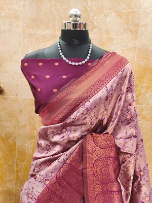 light pink wine silk blend banarasi saree with unstitched blouse piece 2