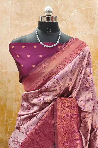 light pink wine silk blend banarasi saree with unstitched blouse piece