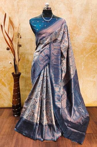 Peach skysoft silk blend banarasi jacuard work designer party wear saree with unstitched blouse piece