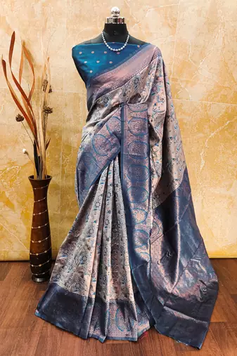 Peach skysoft silk blend banarasi jacuard work designer party wear saree with unstitched blouse piece