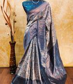 Peach skysoft silk blend banarasi jacuard work designer party wear saree with unstitched blouse piece