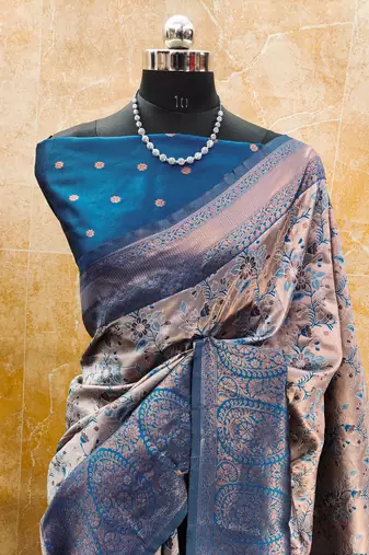 peach sky silk blend banarasi saree with unstitched blouse piece