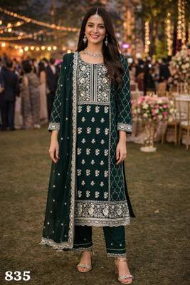   dark green embroidered georgette kurta set with bottom & dupatta 1