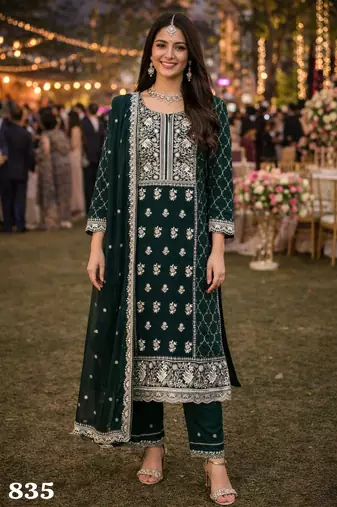 Elegant  unstiched dark green embroidered georgette kurta set with bottom & dupatta