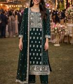 Elegant  unstiched dark green embroidered georgette kurta set with bottom & dupatta