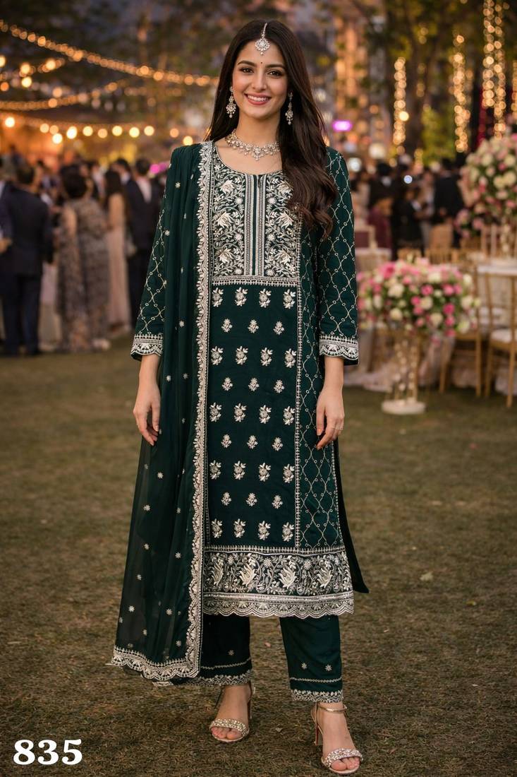 Elegant  unstiched dark green embroidered georgette kurta set with bottom & dupatta