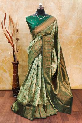 pista green silk blend banarasi saree with unstitched blouse piece 1