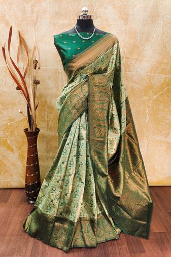 Pista green  soft silk blend banarasi jacuard work designer party wear saree with unstitched blouse piece