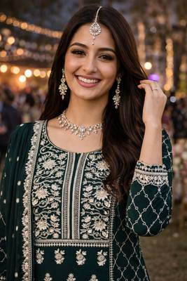   dark green embroidered georgette kurta set with bottom & dupatta 2