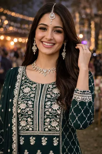   dark green embroidered georgette kurta set with bottom & dupatta