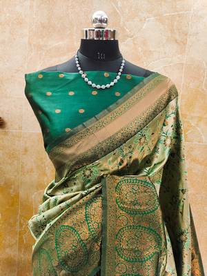 pista green silk blend banarasi saree with unstitched blouse piece 2