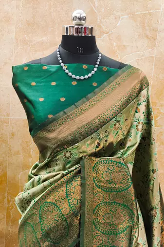 pista green silk blend banarasi saree with unstitched blouse piece