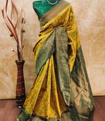 Yellow green soft silk blend banarasi jacuard work designer party wear saree with unstitched blouse piece