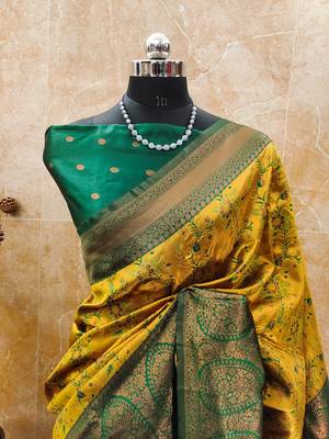 yellow green silk blend banarasi saree with unstitched blouse piece 2