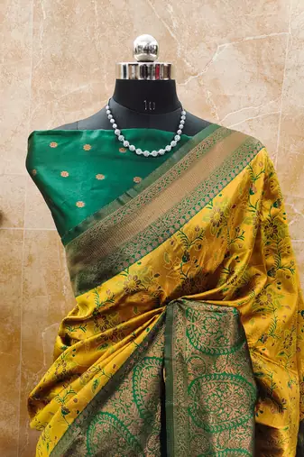 yellow green silk blend banarasi saree with unstitched blouse piece