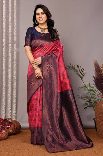 Pink neavy blue soft silk blend banarasi jacuard work designer party wear saree with unstitched blouse piece