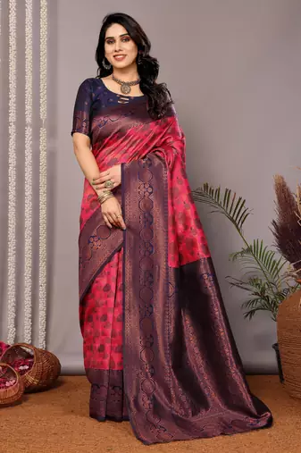 Pink neavy blue soft silk blend banarasi jacuard work designer party wear saree with unstitched blouse piece