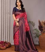 Pink neavy blue soft silk blend banarasi jacuard work designer party wear saree with unstitched blouse piece