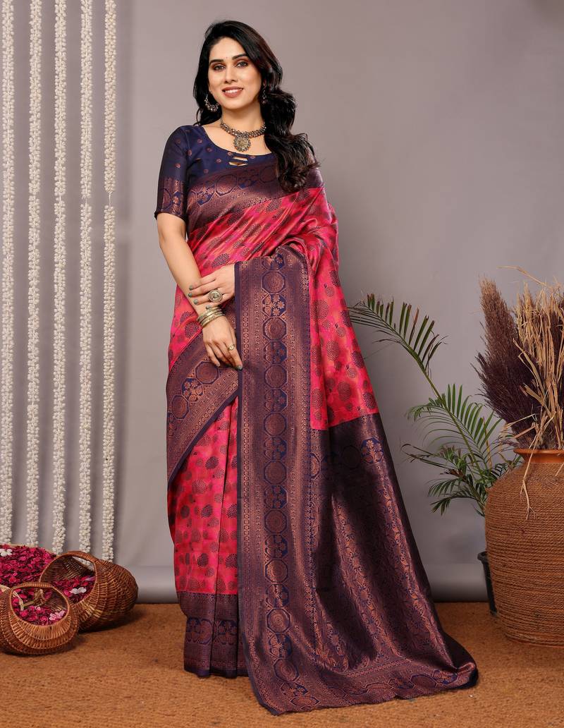 Pink neavy blue soft silk blend banarasi jacuard work designer party wear saree with unstitched blouse piece