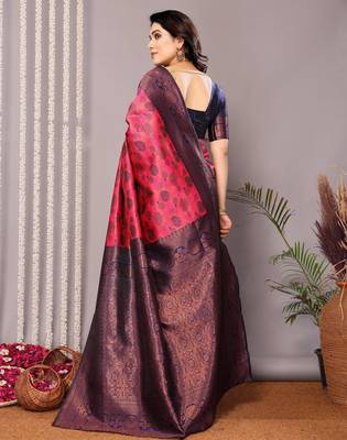 pink neavy blue silk blend banarasi saree with unstitched blouse piece 3