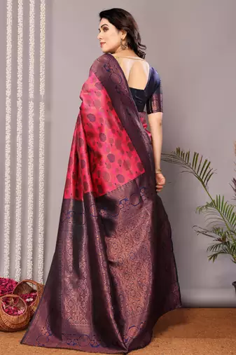 pink neavy blue silk blend banarasi saree with unstitched blouse piece