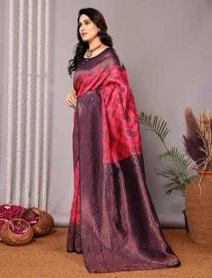 pink neavy blue silk blend banarasi saree with unstitched blouse piece 4