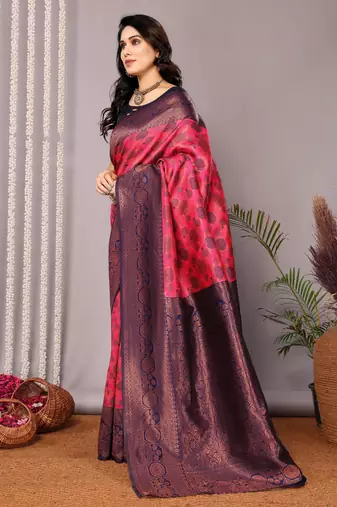pink neavy blue silk blend banarasi saree with unstitched blouse piece