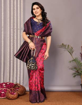 pink neavy blue silk blend banarasi saree with unstitched blouse piece 1