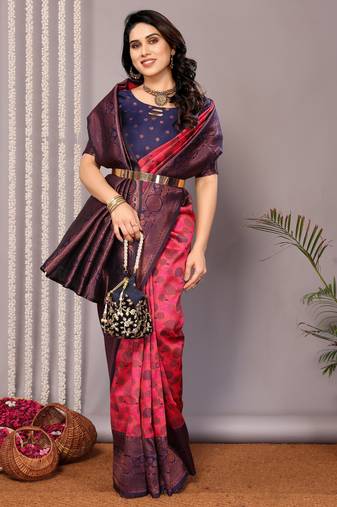 pink neavy blue soft art silk blend banarasi jacuard work designer party wear saree with unstitched blouse piece