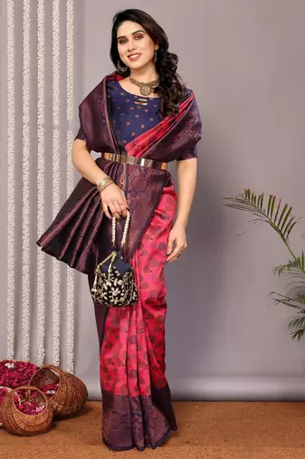 pink neavy blue soft art silk blend banarasi jacuard work designer party wear saree with unstitched blouse piece
